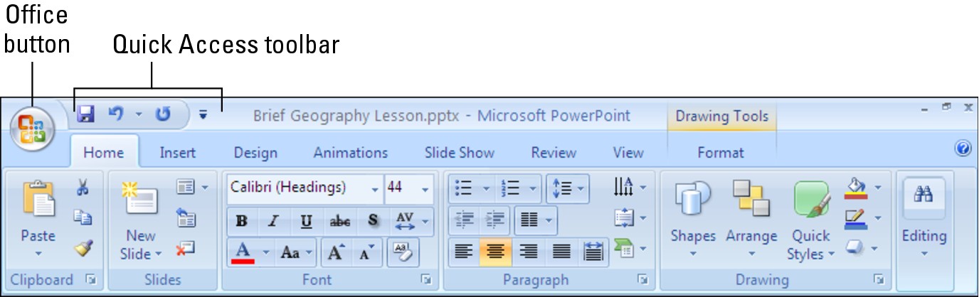 Figure 3-2: The Office button and Quick Access toolbar are always available.